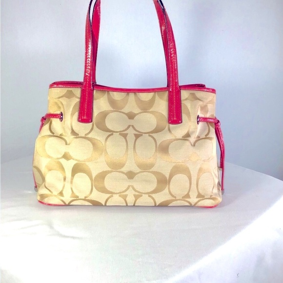 Coach vintage signature striped carry all bag ,canvas scarf pattern leather pink - Picture 6 of 11